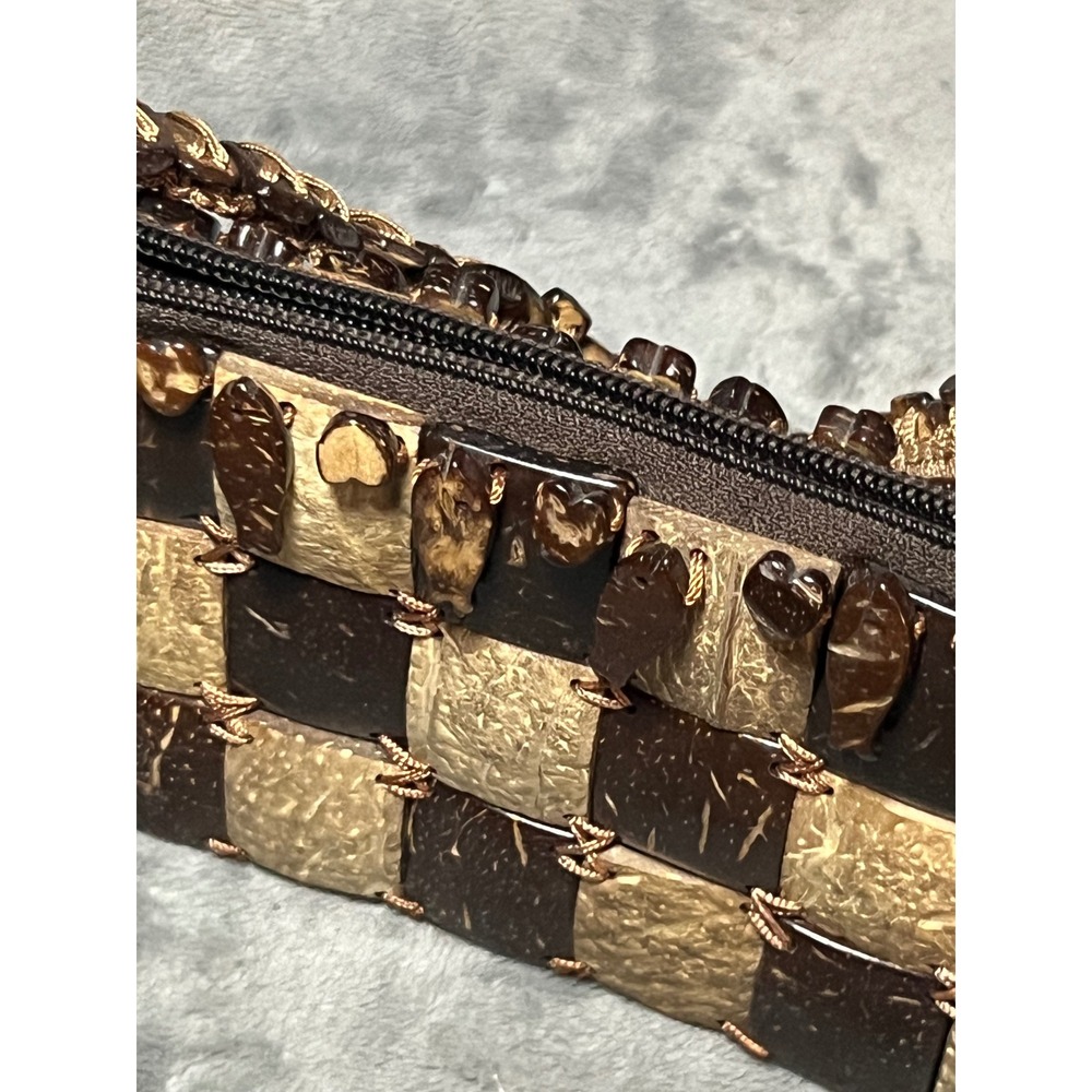 Vintage Coconut Shell Checkerboard Handbag Boho Island Artisan Mini Purse - Picture 2 of 9